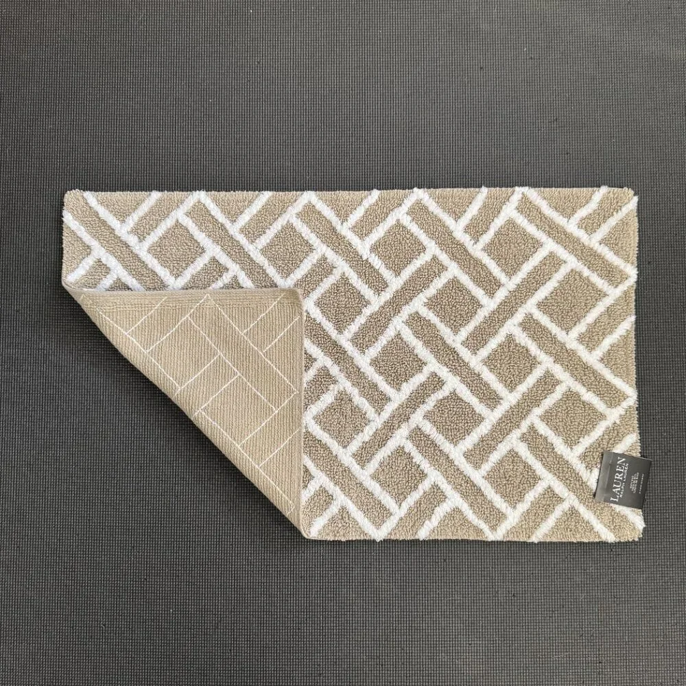 Ralph Lauren 21 x 34 Bath Rug Mat Cotton Beige Tan Geometric Striped Diamonds